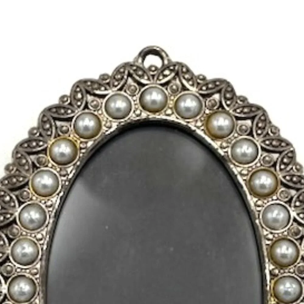 Hanging Picture Photo Frame Oval Faux Pearl & Marcasite Holds 1.75